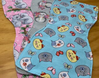 Set of Three Flannel Burp Cloths, Girl, Baby, Cat, Koala, Hedgehog