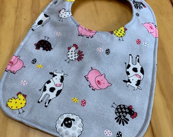 Toddler Moisture Proof Bib, Farm Animals, 8 1/2 x 12 inches  4 Layer, Double Snap Closure