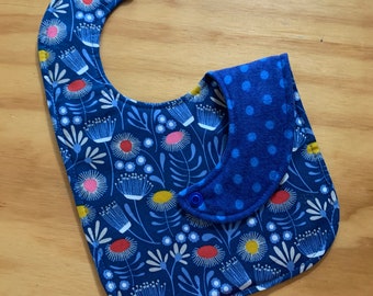 Reversible Baby Girl Bib, Triple Layer, Snap Closure, Modern Floral,Blue, ready to ship