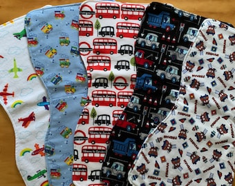 Flannel Burp Cloth Set of Five, Triple Layer, Contoured, Boy, Trains, Planes, Fire Engines, Cars and Trucks, Ready to Ship