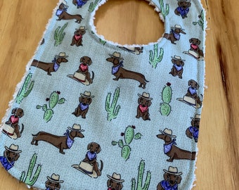 Chenille Back Baby Bib, Dachshund, Dog, Cowboy, Cactus, Triple Layer, Snap Closure