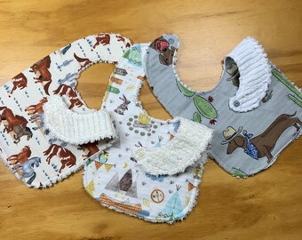 SALE Flannel & Chenille Baby Bib Set of 3, Snap Closure,