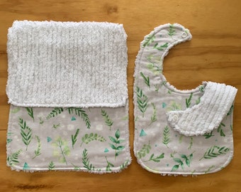 Flannel And Chenille Burp Cloth and Snap Bib, Girl or Boy, Botanical, ready to ship
