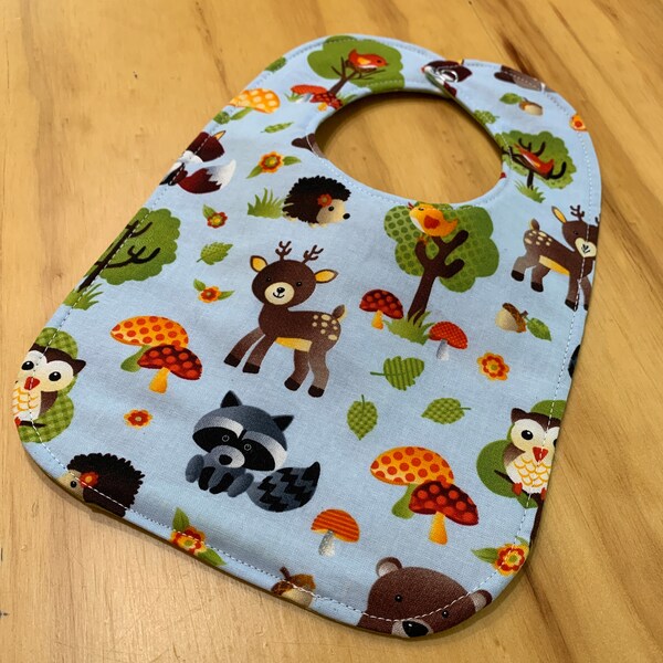 Reversible Baby Bib, Triple Layer, Snap Closure. Baby Forest Animals