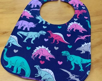 Moisture Proof Toddler Bib, 8 1/2 x 12 inches, Girly Dinosaurs, 4 Layer, Double Snap Closure