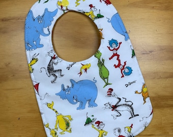 Reversible Baby Bib, Triple Layer, Adjustable Snap Closure, ready to ship, batting, Dr. Seuss