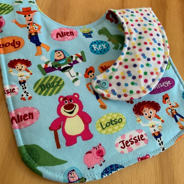 Reversible Baby Bib, Triple Layer, Snap Closure, ready to ship, batting, Toy Story