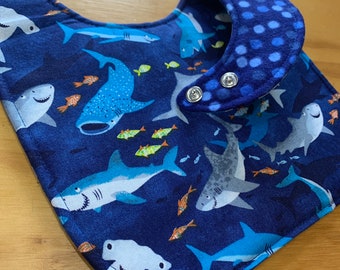 Toddler Size Moisture Proof Bib, 8 1/2 x 12 inch, Smiling Sharks, 4 Layer, Double Snap Closure