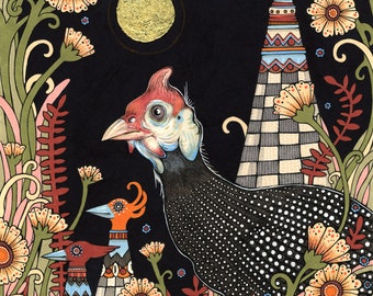 The Observer- Guinea Fowl, Fine Art Print (Archival), Hand Embellished in Gold Leaf, Mounted