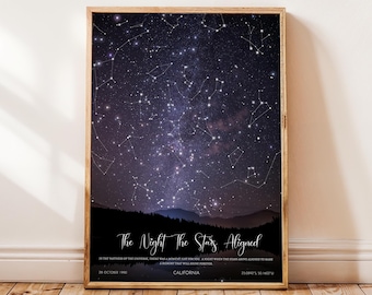 May include: A framed rectangular wall art print featuring a dark night sky filled with white star constellations and a silhouette of a mountain range. The text reads: The Night The Stars Aligned, 28 October 1990, CALIFORNIA, 23.0892° S, 50.1602° W.