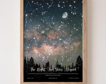 May include: A framed vertical wall art print featuring a dark night sky filled with stars, constellations, and a crescent moon above a silhouette of a pine forest. The text reads: The Night The Stars Aligned, April 3, 2022, Midlothian, VA.