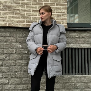 Gray winter jacket, Puffer jacket with belt, Vegan puffer jacket, Fashionable puffer, Snow jacket, Oversized jacket, Down jacket