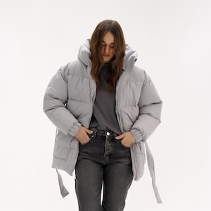 Gray winter jacket, Down jacket, Vegan puffer jacket, Fashionable puffer, Snow jacket, Oversized jacket, puffer jacket with belt