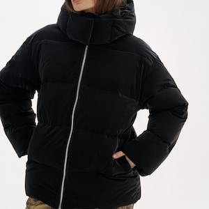 Black velvet winter jacket, Black vegan puffer jacket, Fashionable puffer, Snow jacket, Oversized jacket, Down jacket