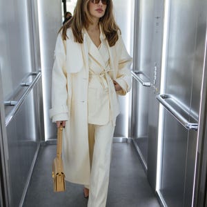 Elegant Wool Blend Coat in Milk White | Minimalist Long Winter Overcoat for Women | Warm Belted Coat