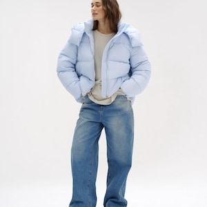 Light blue puffer jacket with detachable hood | Eco down pastel coat | Drawstring hem winter puffer | Bold fashion outerwear