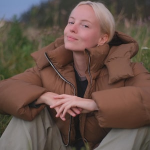 Brown puffer jacket with removable hood | Eco down oversized coat | Waterproof warm winter jacket for women | Ethical outerwear