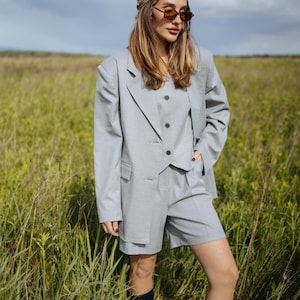 Three-Piece Women’s Suit: Blazer, Vest & Shorts in Light Gray | Handmade Summer Suit | Minimalist Inspired Look