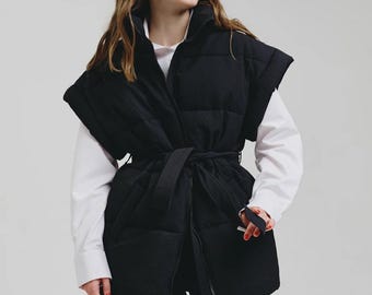 Black Oversized Puffer Vest Women | Eco Down Sleeveless Jacket | Textured Warm Gilet | Layering Winter Vest | Minimalist Outerwear