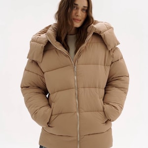 Beige puffer jacket with detachable hood | Winter eco down coat | Pastel aesthetic outerwear | Warm short puffer