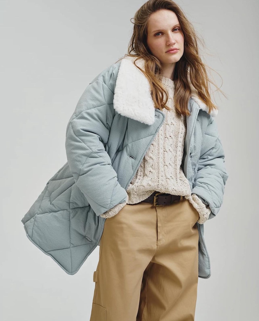 Light Blue Textured Jacket | Vegan Padded Jacket With Faux Shearling ...