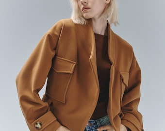 Camel brown women's asymmetrical silhouette coat, Brown short jacket, Wrap wool short coat, Womens fall overcoat