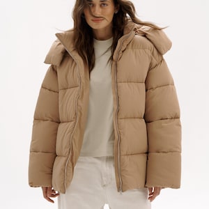 Beige winter jacket, Down jacket, Vegan puffer jacket, Fashionable puffer, Snow jacket, Oversized jacket