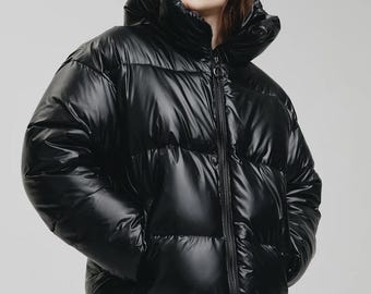 Glossy black puffer jacket | Vegan winter coat with eco down insulation | Shiny cropped outerwear | Trendy warm puffer for women