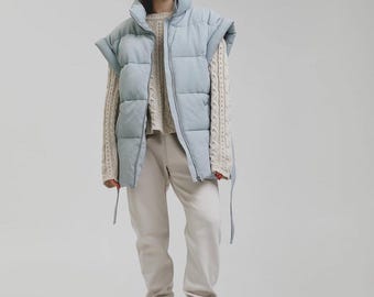Blue-Green Oversized Puffer Vest Women | Eco Down Sleeveless Jacket | Warm Layered Winter Vest | Minimalist Streetwear | Textured Puffer
