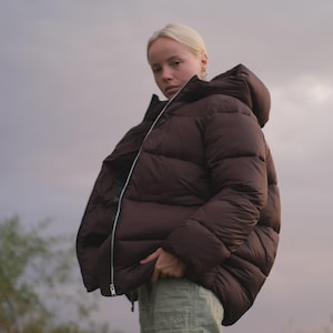 Dark chocolate puffer jacket | Windproof vegan winter coat | Eco down oversized jacket for women | Warm ethical outerwear