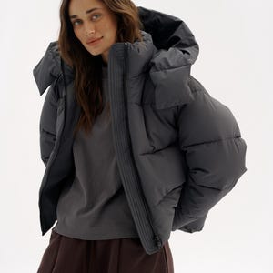 Graphite gray winter jacket, Down jacket, Vegan puffer jacket, Fashionable puffer, Snow jacket, Oversized jacket