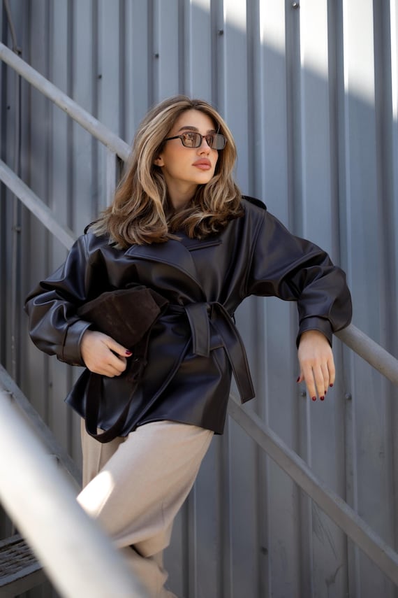 Dark Chocolate Vegan Leather Trench Coat Women's Belted Faux