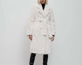 White Faux Fur Coat for Women | Warm Long Teddy Coat with Belt | Vegan Fur Slimtex Insulated Winter Overcoat | Elegant & Sustainable