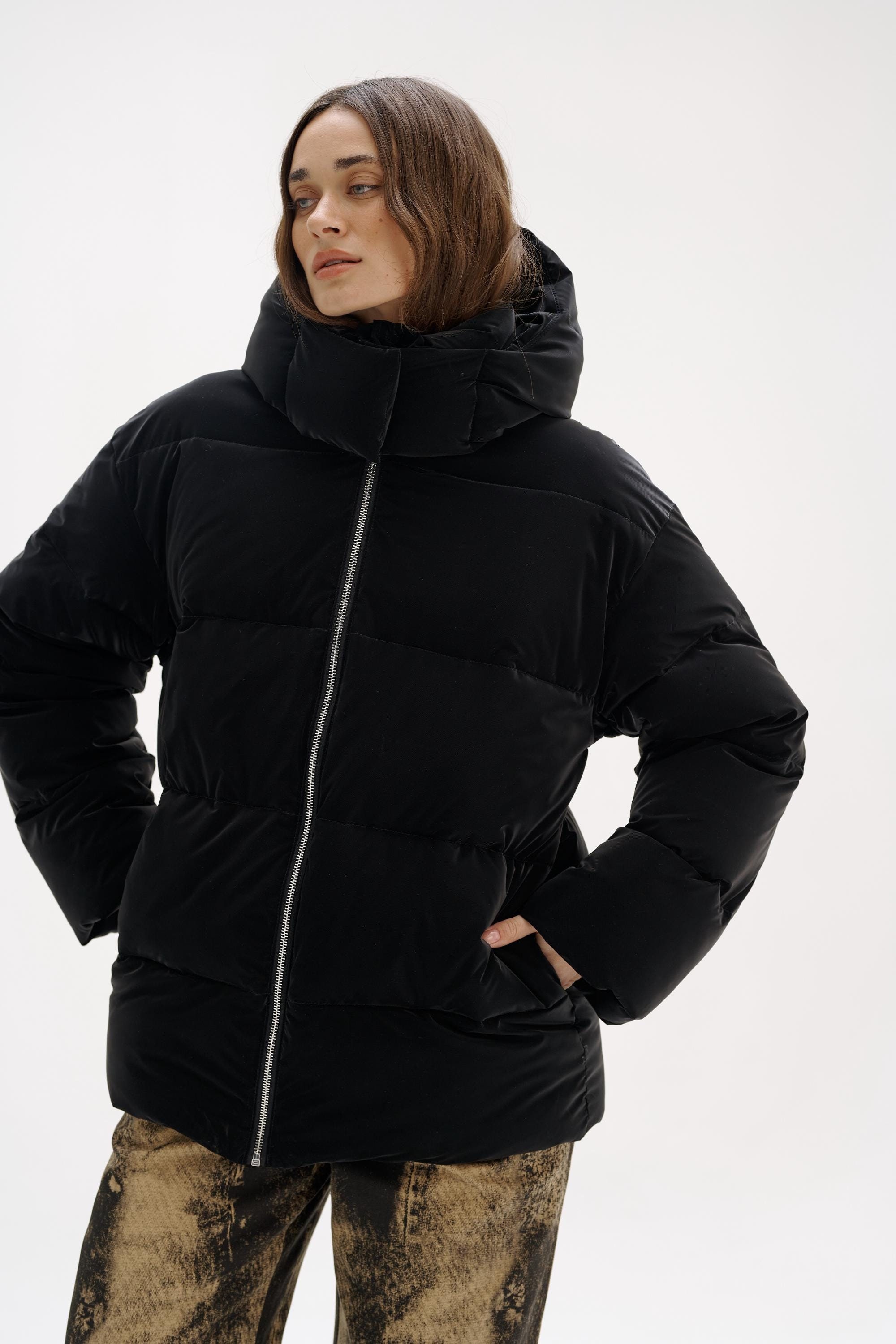 Black Velvet Winter Jacket, Black Vegan Puffer Jacket, Fashionable