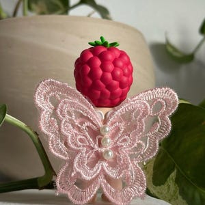 K&ouml;nnte beinhalten: Ein dekorativer Flaschenverschluss mit einem Himbeerdesign und einem gr&uuml;nen Stiel. Er verf&uuml;gt &uuml;ber rosa Spitzen-Schmetterlingsfl&uuml;gel und drei Perlenakzente. Dieser Verschluss soll jeder Flasche einen Hauch von Eleganz verleihen.