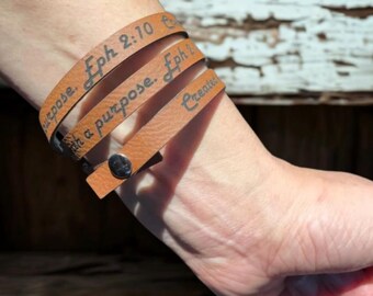 Created With a Purpose – Handmade Leather Bracelet | Engraved Leather Wrap Bracelet | Inspirational Gift