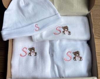 Personalized New Baby Gift Set, Embroidered Teddy Bear