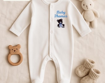 Personalised Embroidered Baby Sleepsuit, Newborn Baby Gift, Baby Announcement Outfit, Custom Surname Baby Grow, New Baby Shower Gift