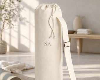 Personalised Embroidered Yoga Mat Bag, Organic Cotton Gym Tote, Pilates Gift (Valuables Zip)