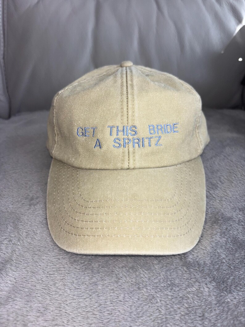 Personalised bridal party cap with custom drink wording, white embroidered hat for bride holiday and wedding celebration