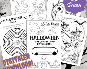 Halloween coloring pages, 25 pages digital download German, coloring book, crafts, puzzles with cats, monsters, ghosts, children's activities