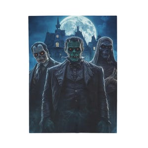 Classic Monsters Velveteen Microfiber Blanket - Cozy Gothic Decor with Frankenstein, Mummy, and Ghoul Design