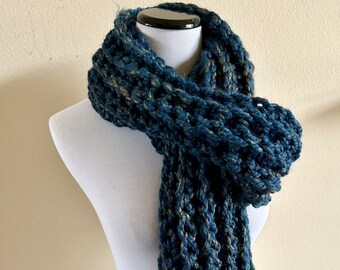 long blue unisex crochet ribbed scarf | ready to ship | holiday gift | petrol crochet scarf