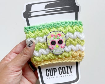 sugar skull crochet coffee cozy | handmade coffee sleeve | dia de los muertos | hot tea sleeve