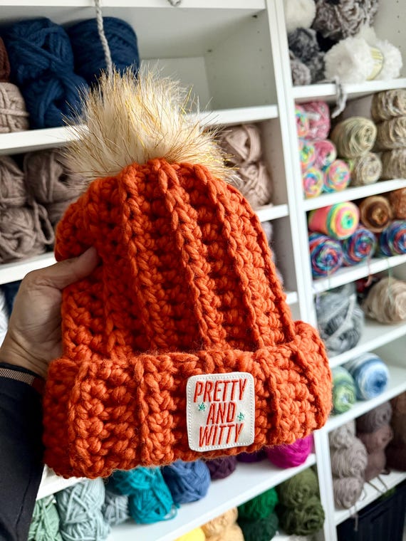 Pretty and Witty Crocheted Orange Hat PREORDER; Ribbed Crochet Double Brim Pom Beanie