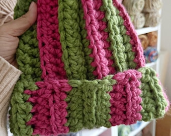 For Good Crocheted Pink and Green Hat; Ribbed Crochet Double Brim Wicked Beanie