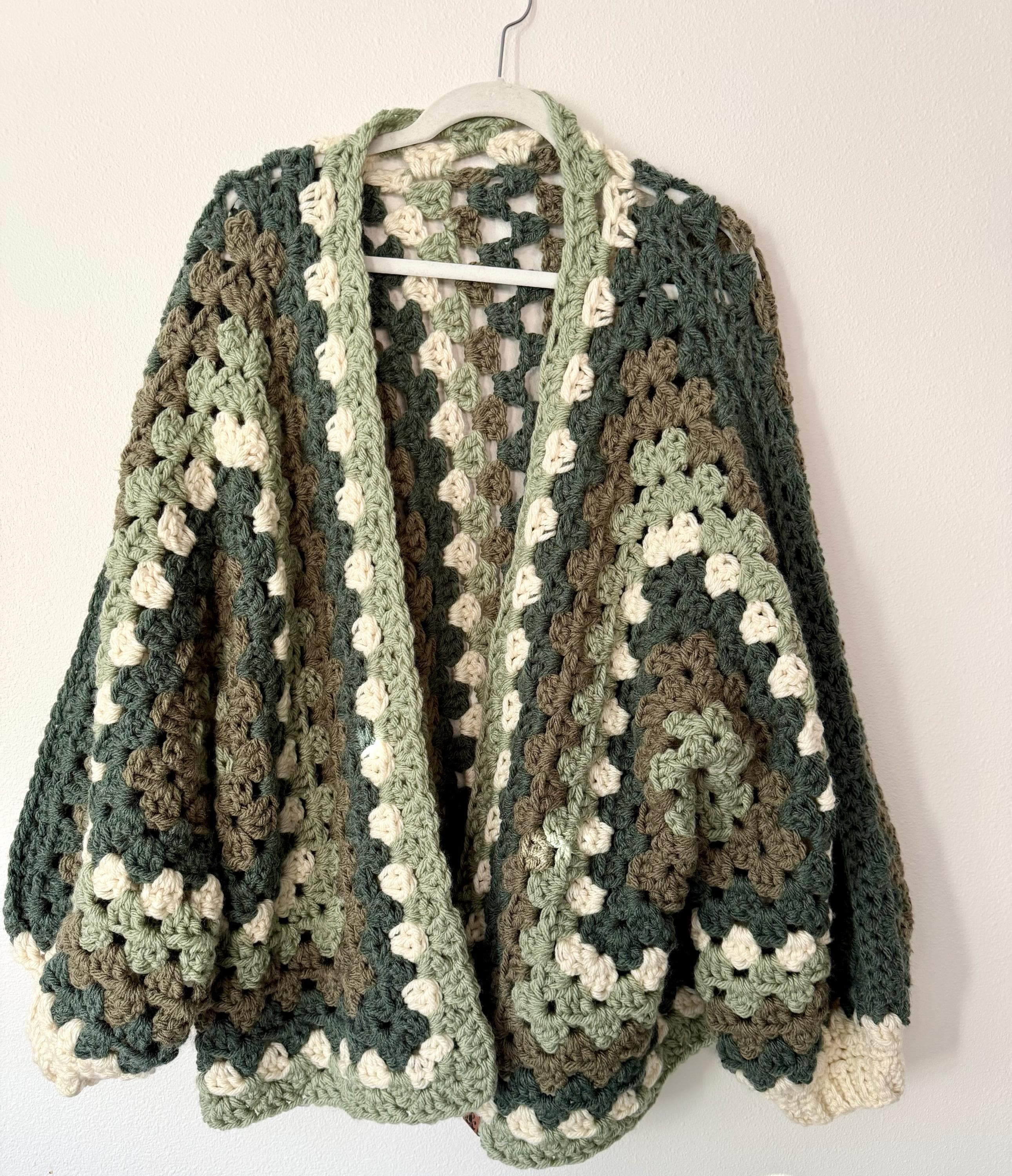 Evergreen Stripe Chunky Crochet Granny Hexagon Cardigan Sweater
