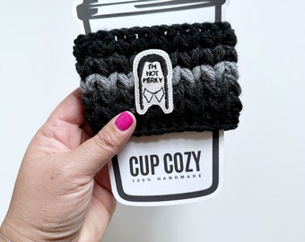 wednesday addams crochet coffee cozy | handmade coffee sleeve | netflix fan cozy | hot tea sleeve