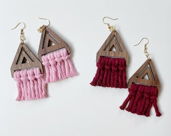 macrame  chunky triangle statement earrings | wood boho triangle  | walnut wood finish