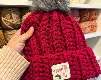 Naughty AF Crocheted Red Hat; Ribbed Crochet Double Brim Pom Beanie; holiday cranberry hat